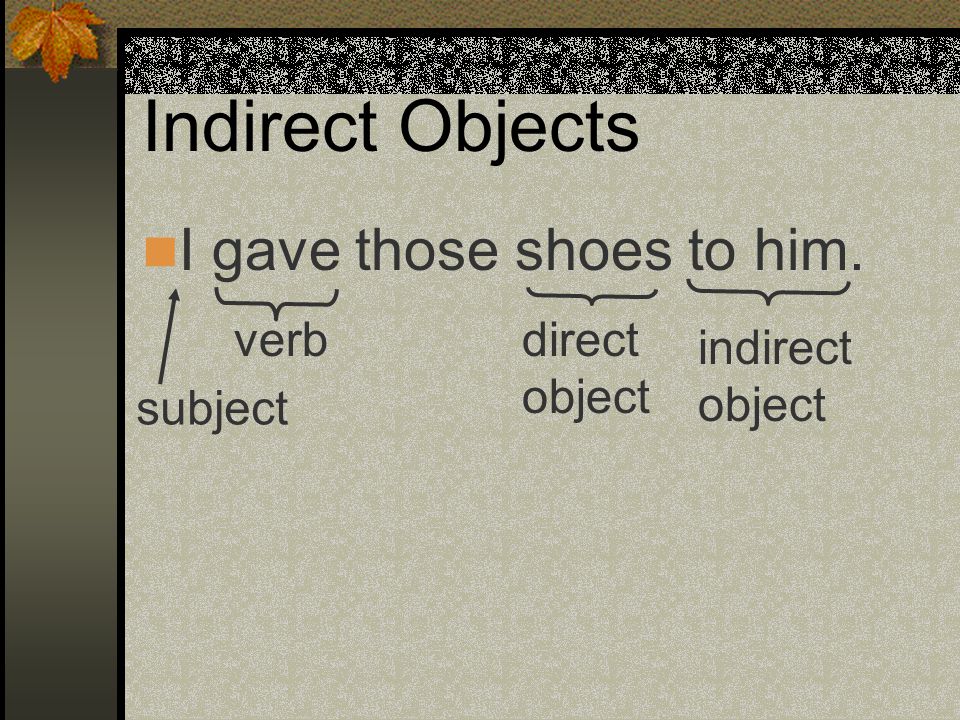 Indirect Objects I bought that skirt for her. subject verb direct object indirect object