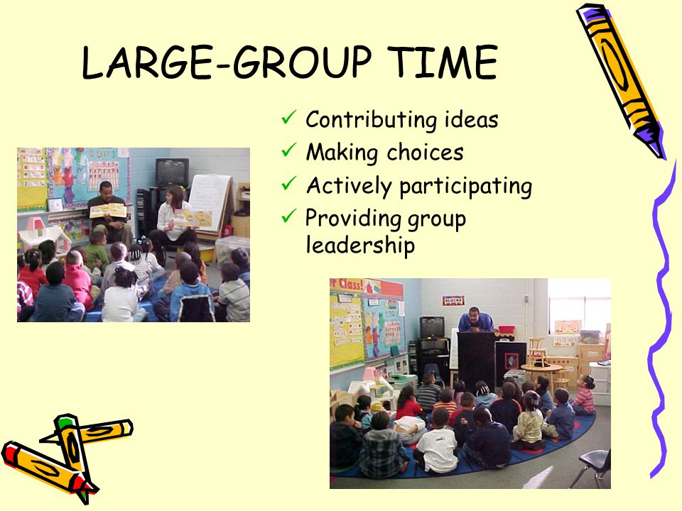 LARGE-GROUP TIME Contributing ideas Making choices Actively participating Providing group leadership