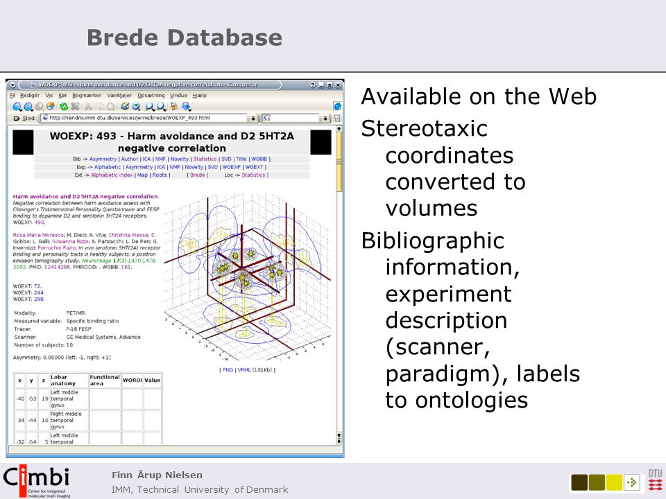Finn Årup Nielsen IMM, Technical University of Denmark Brede Database Available on the Web Stereotaxic coordinates converted to volumes Bibliographic information, experiment description (scanner, paradigm), labels to ontologies