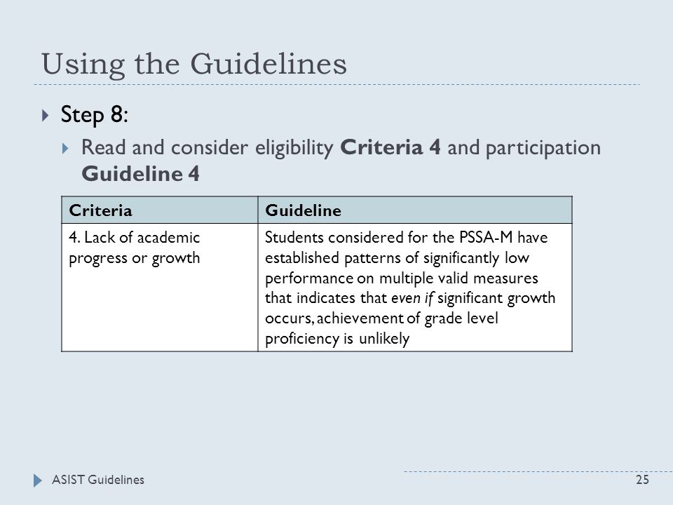 ASIST Guidelines25 Using the Guidelines  Step 8:  Read and consider eligibility Criteria 4 and participation Guideline 4 CriteriaGuideline 4.