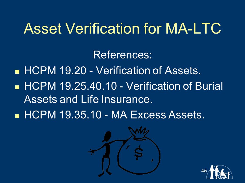 Asset Verification for MA-LTC References: HCPM Verification of Assets.