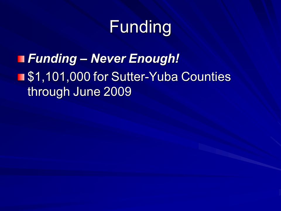 Funding Funding – Never Enough! $1,101,000 for Sutter-Yuba Counties through June 2009