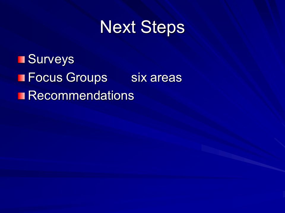 Next Steps Surveys Focus Groupssix areas Recommendations