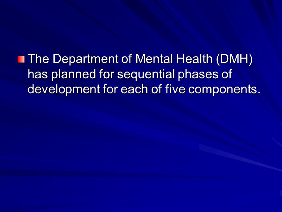 The Department of Mental Health (DMH) has planned for sequential phases of development for each of five components.