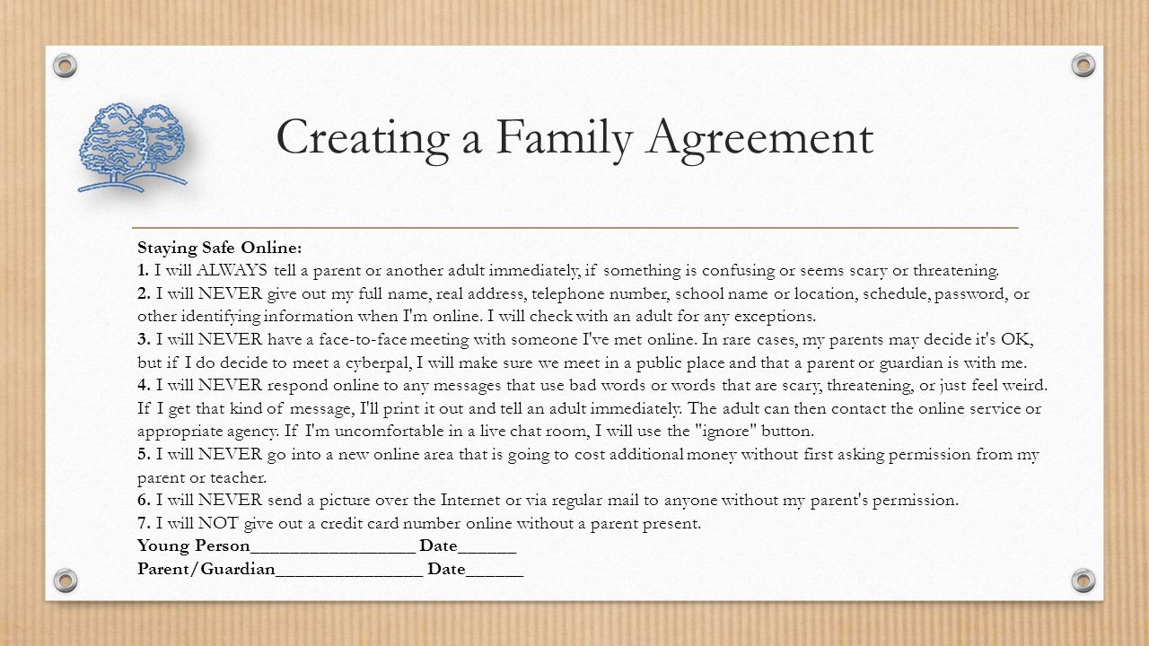 Creating a Family Agreement Staying Safe Online: 1.