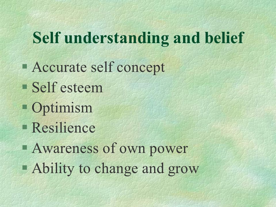 Self understanding and belief §Accurate self concept §Self esteem §Optimism §Resilience §Awareness of own power §Ability to change and grow