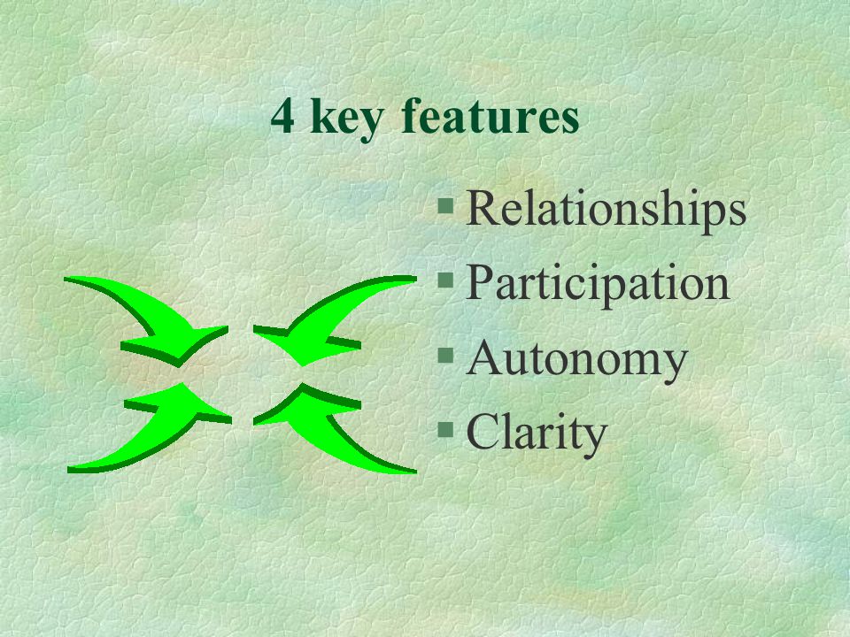 4 key features §Relationships §Participation §Autonomy §Clarity