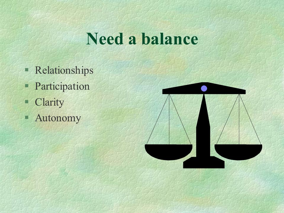 Need a balance §Relationships §Participation §Clarity §Autonomy