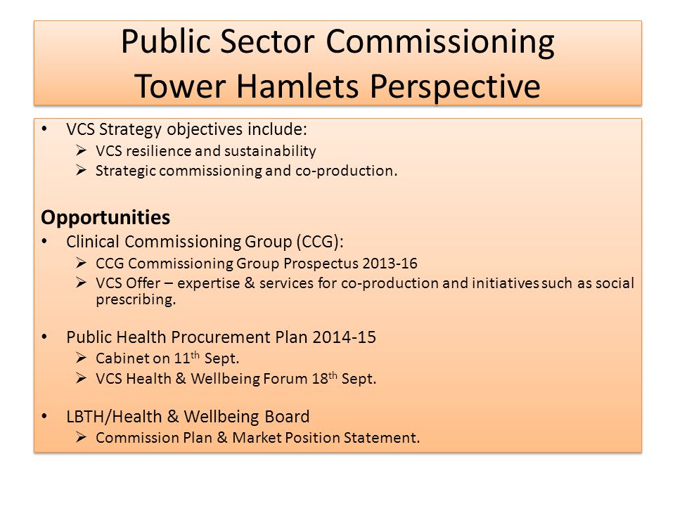 Public Sector Commissioning Tower Hamlets Perspective VCS Strategy objectives include:  VCS resilience and sustainability  Strategic commissioning and co-production.