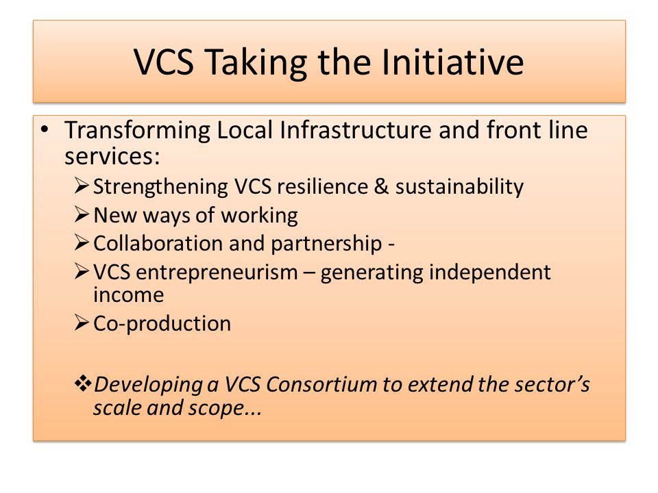 VCS Taking the Initiative Transforming Local Infrastructure and front line services:  Strengthening VCS resilience & sustainability  New ways of working  Collaboration and partnership -  VCS entrepreneurism – generating independent income  Co-production  Developing a VCS Consortium to extend the sector’s scale and scope...