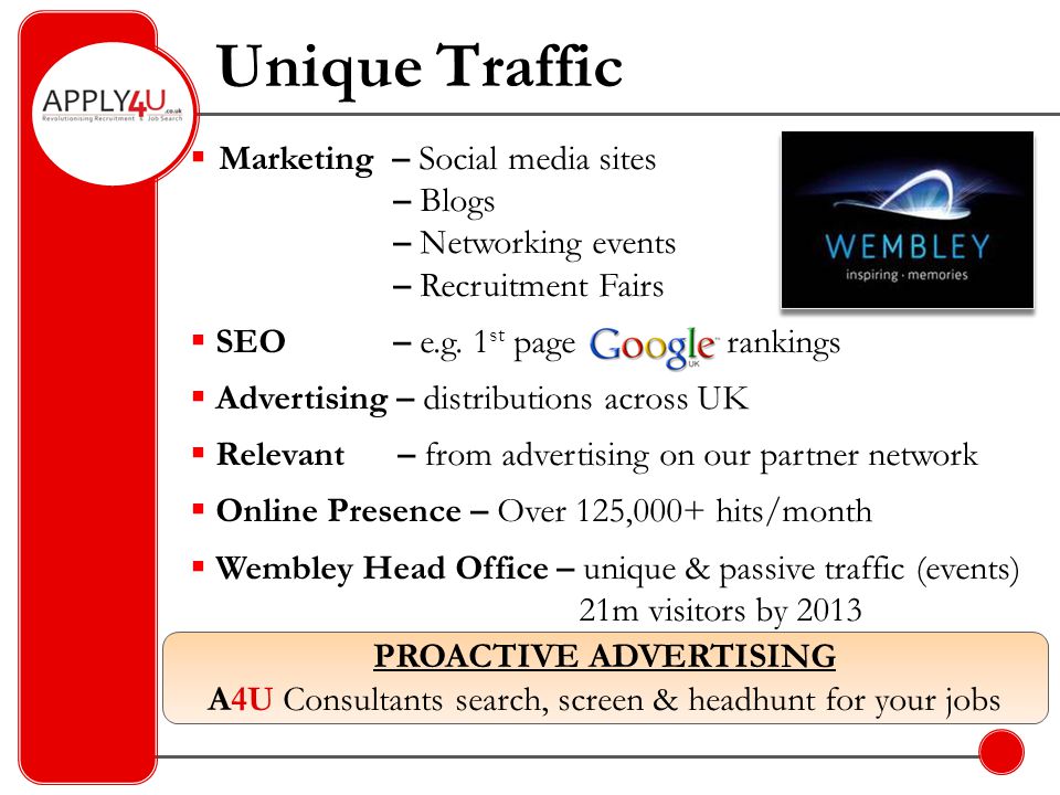Unique Traffic  Marketing – Social media sites – Blogs – Networking events – Recruitment Fairs  SEO – e.g.