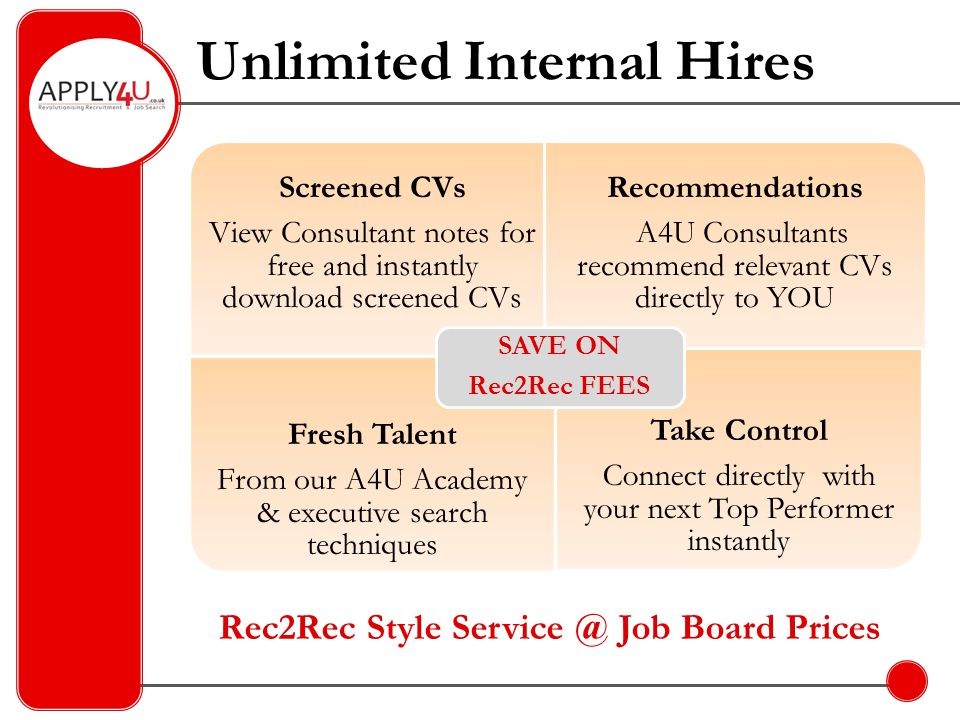 Unlimited Internal Hires Screened CVs View Consultant notes for free and instantly download screened CVs Recommendations A4U Consultants recommend relevant CVs directly to YOU Fresh Talent From our A4U Academy & executive search techniques Take Control Connect directly with your next Top Performer instantly SAVE ON Rec2Rec FEES Rec2Rec Style Job Board Prices