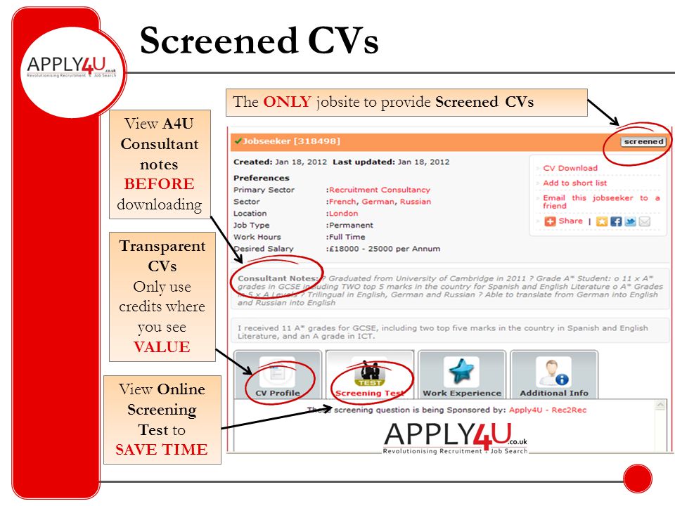 View A4U Consultant notes BEFORE downloading Screened CVs The ONLY jobsite to provide Screened CVs Transparent CVs Only use credits where you see VALUE View Online Screening Test to SAVE TIME