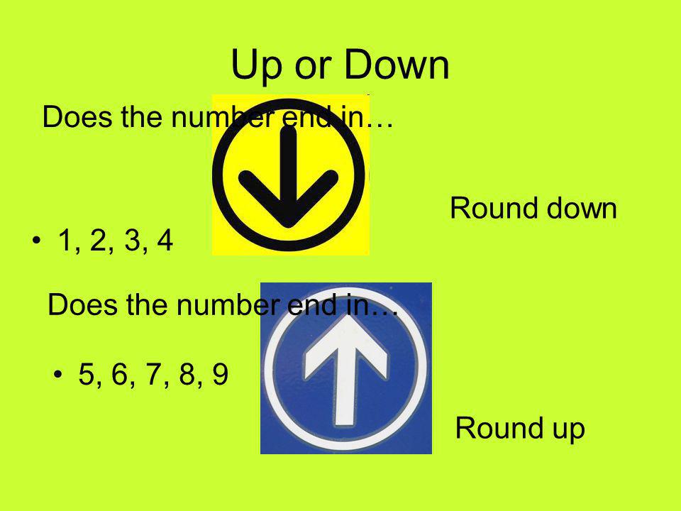 Up or Down 1, 2, 3, 4 5, 6, 7, 8, 9 Does the number end in… Round down Round up
