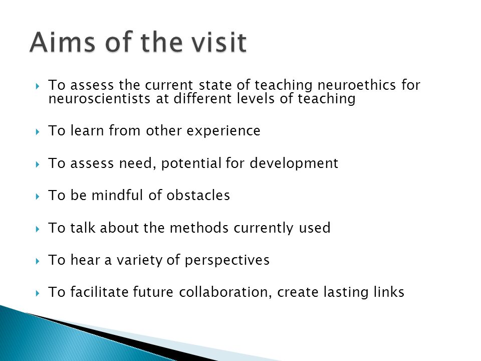  To assess the current state of teaching neuroethics for neuroscientists at different levels of teaching  To learn from other experience  To assess need, potential for development  To be mindful of obstacles  To talk about the methods currently used  To hear a variety of perspectives  To facilitate future collaboration, create lasting links