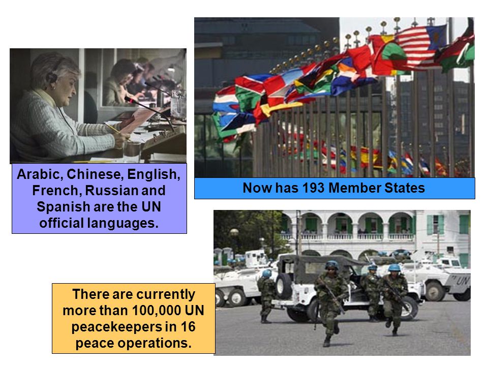 Now has 193 Member States Arabic, Chinese, English, French, Russian and Spanish are the UN official languages.