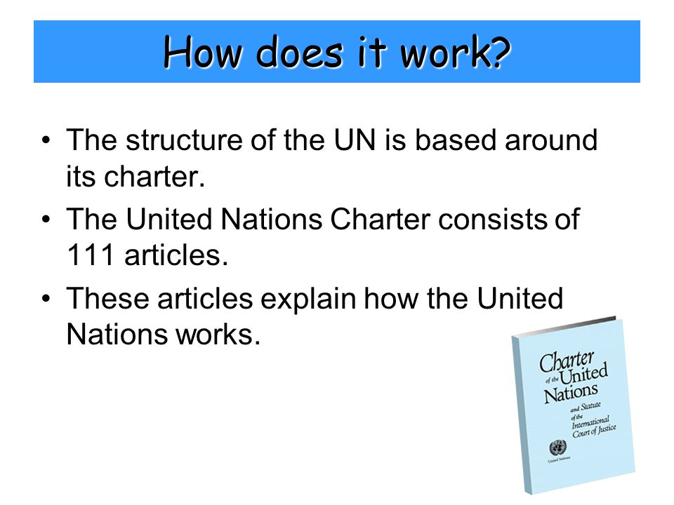 How does it work. The structure of the UN is based around its charter.