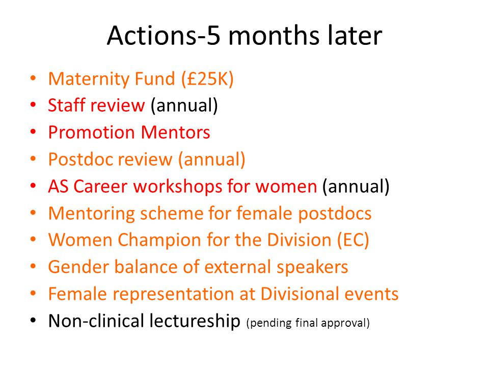 Actions-5 months later Maternity Fund (£25K) Staff review (annual) Promotion Mentors Postdoc review (annual) AS Career workshops for women (annual) Mentoring scheme for female postdocs Women Champion for the Division (EC) Gender balance of external speakers Female representation at Divisional events Non-clinical lectureship (pending final approval)