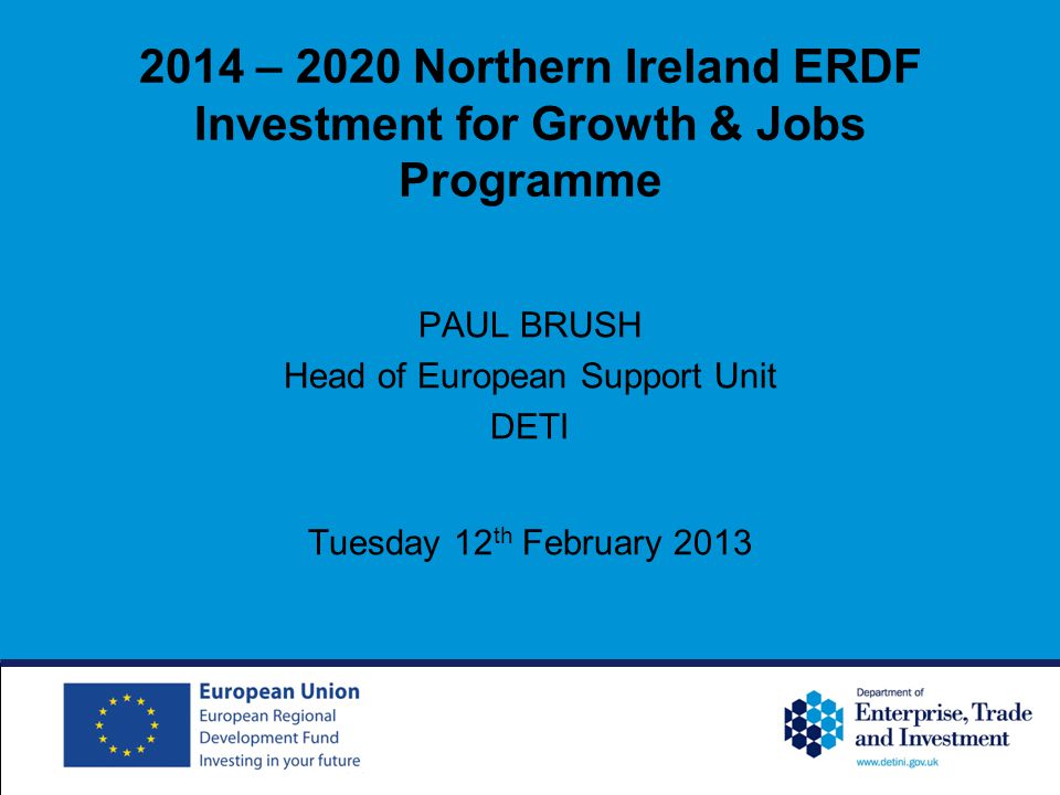 2014 – 2020 Northern Ireland ERDF Investment for Growth & Jobs Programme PAUL BRUSH Head of European Support Unit DETI Tuesday 12 th February 2013