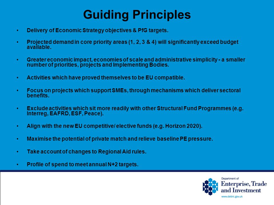 Guiding Principles Delivery of Economic Strategy objectives & PfG targets.