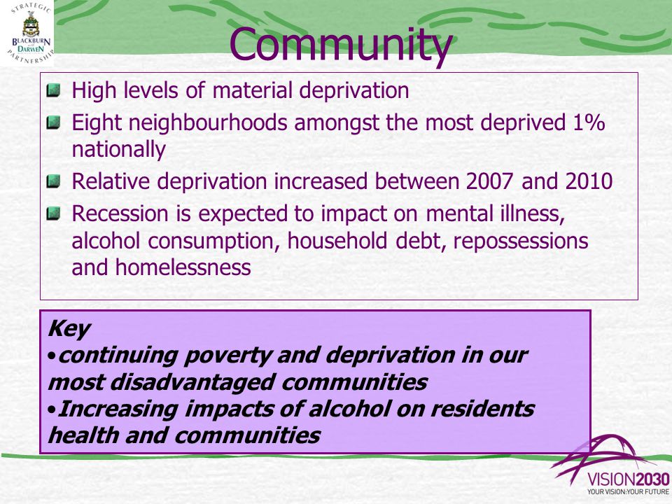 Community High levels of material deprivation Eight neighbourhoods amongst the most deprived 1% nationally Relative deprivation increased between 2007 and 2010 Recession is expected to impact on mental illness, alcohol consumption, household debt, repossessions and homelessness Key continuing poverty and deprivation in our most disadvantaged communities Increasing impacts of alcohol on residents health and communities