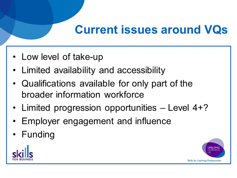 Current issues around VQs Low level of take-up Limited availability and accessibility Qualifications available for only part of the broader information workforce Limited progression opportunities – Level 4+.