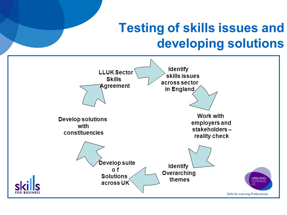 Testing of skills issues and developing solutions Identify skills issues across sector in England Work with employers and stakeholders – reality check Identify Overarching themes Develop suite o f Solutions across UK Develop solutions with constituencies LLUK Sector Skills Agreement