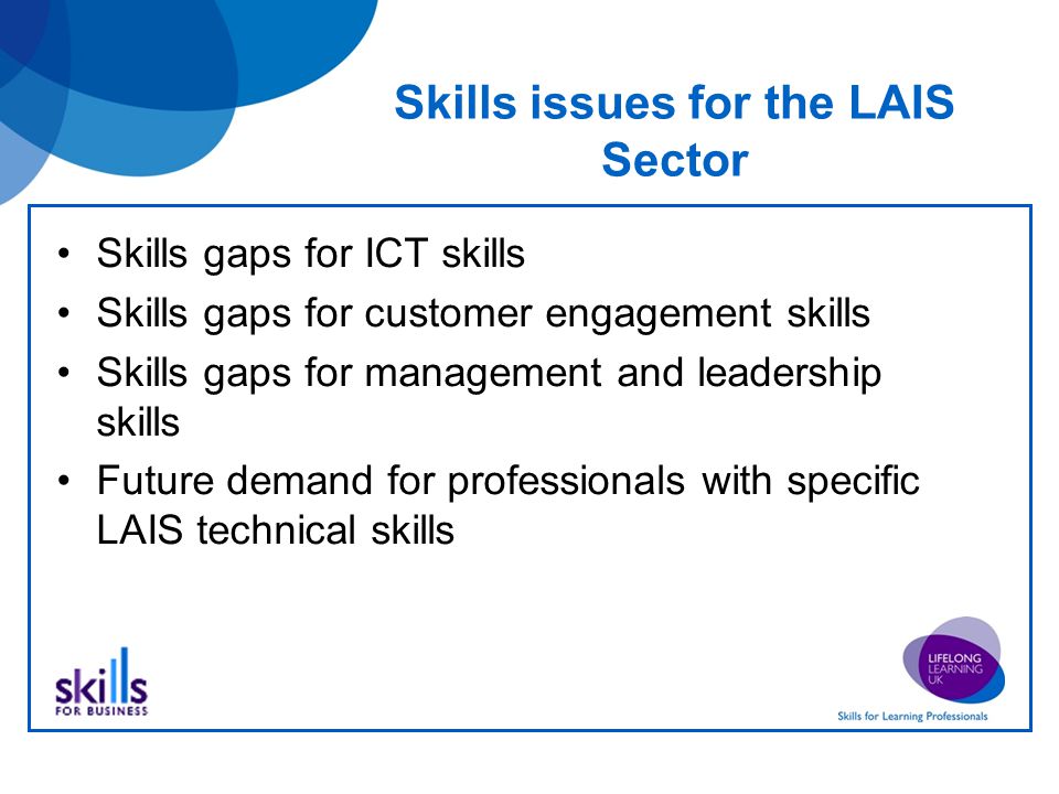 Skills issues for the LAIS Sector Skills gaps for ICT skills Skills gaps for customer engagement skills Skills gaps for management and leadership skills Future demand for professionals with specific LAIS technical skills