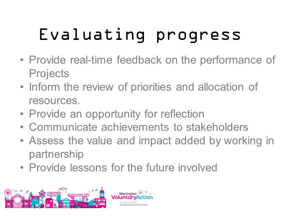 Evaluating progress Provide real-time feedback on the performance of Projects Inform the review of priorities and allocation of resources.