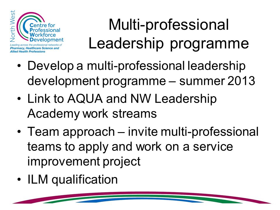 Multi-professional Leadership programme Develop a multi-professional leadership development programme – summer 2013 Link to AQUA and NW Leadership Academy work streams Team approach – invite multi-professional teams to apply and work on a service improvement project ILM qualification