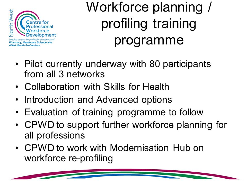 Workforce planning / profiling training programme Pilot currently underway with 80 participants from all 3 networks Collaboration with Skills for Health Introduction and Advanced options Evaluation of training programme to follow CPWD to support further workforce planning for all professions CPWD to work with Modernisation Hub on workforce re-profiling