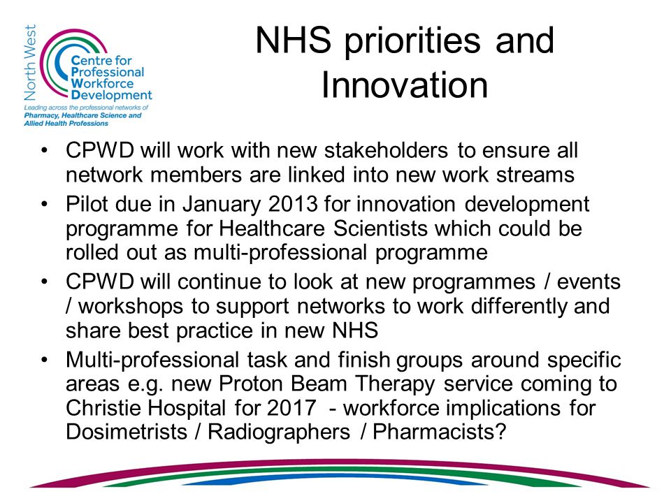 NHS priorities and Innovation CPWD will work with new stakeholders to ensure all network members are linked into new work streams Pilot due in January 2013 for innovation development programme for Healthcare Scientists which could be rolled out as multi-professional programme CPWD will continue to look at new programmes / events / workshops to support networks to work differently and share best practice in new NHS Multi-professional task and finish groups around specific areas e.g.