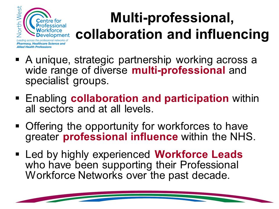 Multi-professional, collaboration and influencing  A unique, strategic partnership working across a wide range of diverse multi-professional and specialist groups.