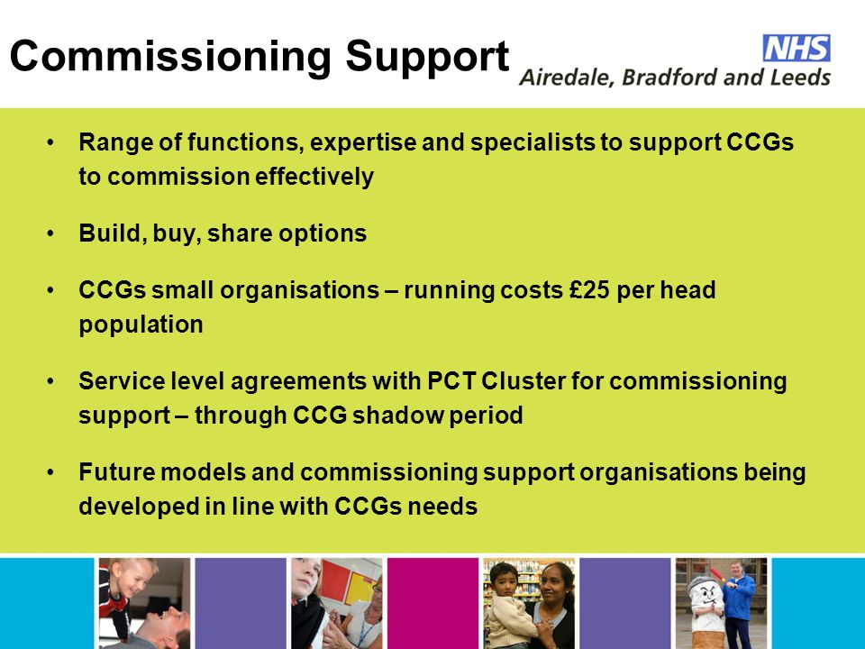 Commissioning Support Range of functions, expertise and specialists to support CCGs to commission effectively Build, buy, share options CCGs small organisations – running costs £25 per head population Service level agreements with PCT Cluster for commissioning support – through CCG shadow period Future models and commissioning support organisations being developed in line with CCGs needs