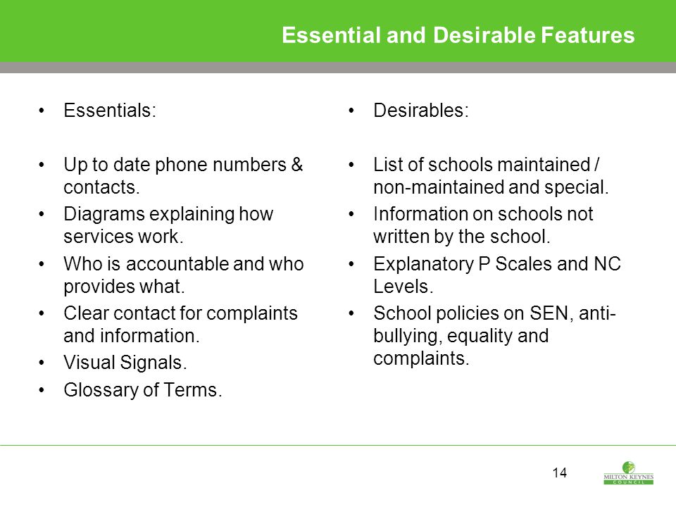 14 Essential and Desirable Features Essentials: Up to date phone numbers & contacts.