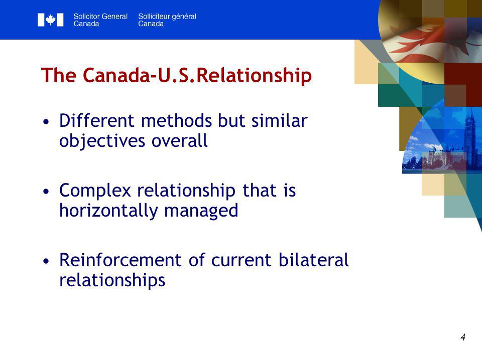 4 The Canada-U.S.Relationship Different methods but similar objectives overall Complex relationship that is horizontally managed Reinforcement of current bilateral relationships