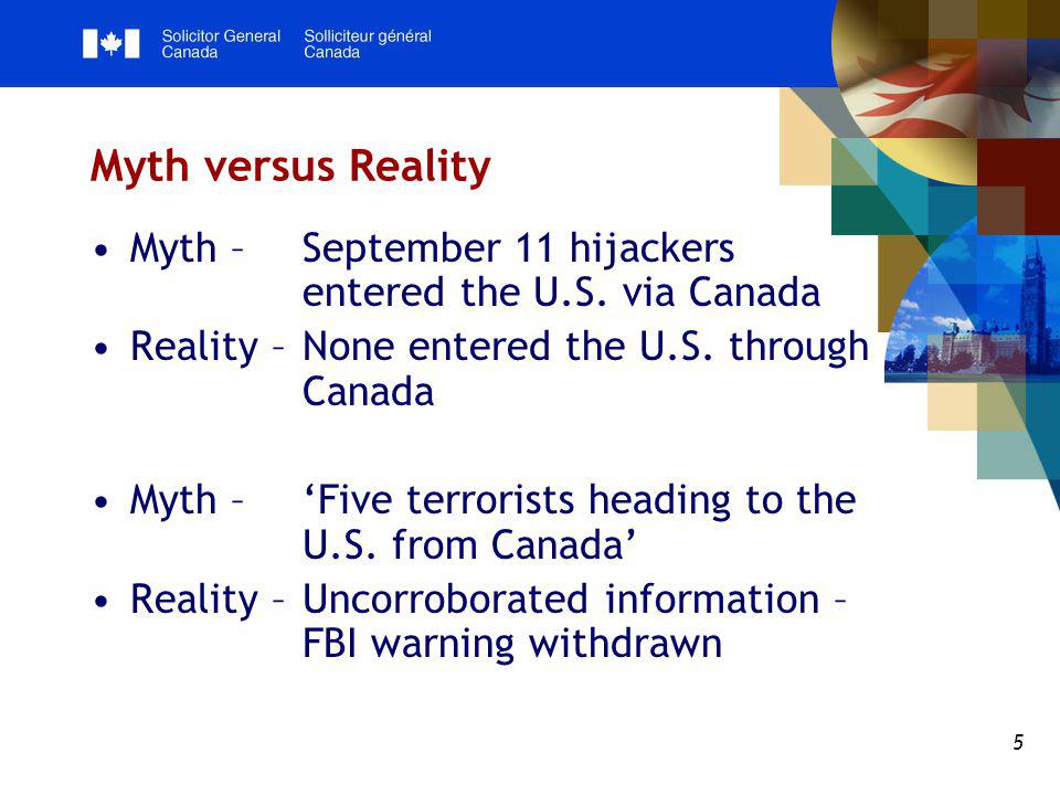 5 Myth versus Reality Myth – September 11 hijackers entered the U.S.