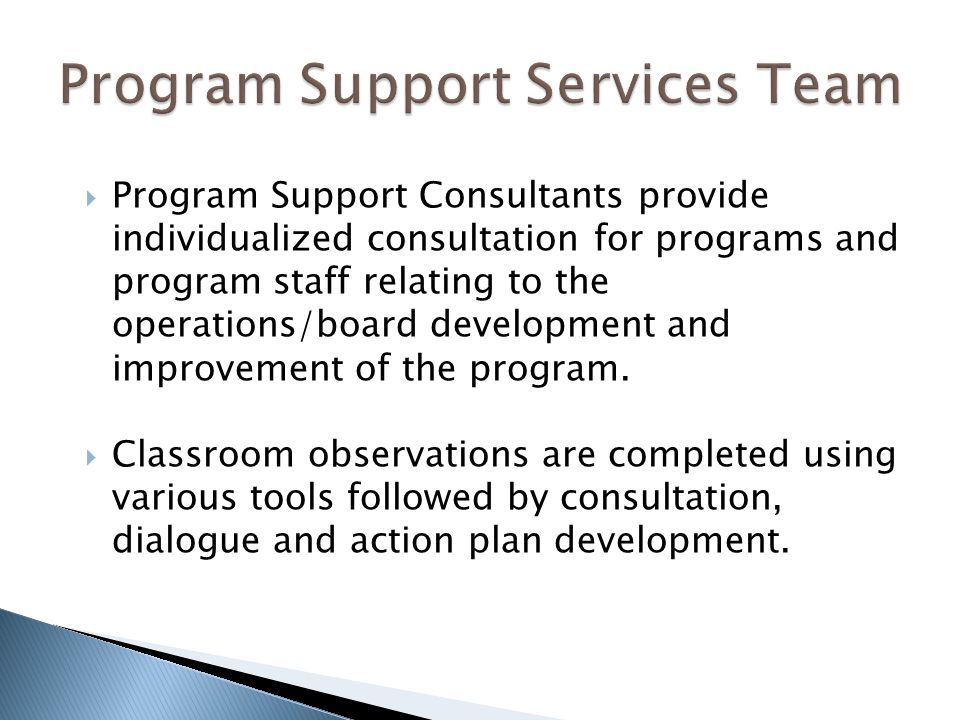  Program Support Consultants provide individualized consultation for programs and program staff relating to the operations/board development and improvement of the program.