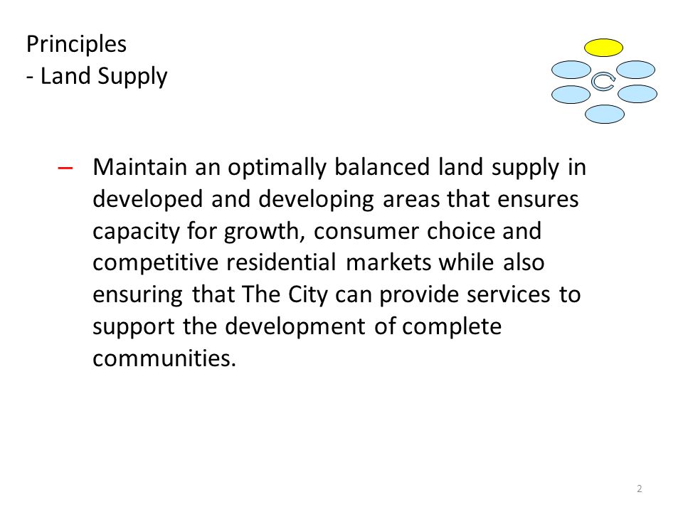Principles - Land Supply – Maintain an optimally balanced land supply in developed and developing areas that ensures capacity for growth, consumer choice and competitive residential markets while also ensuring that The City can provide services to support the development of complete communities.
