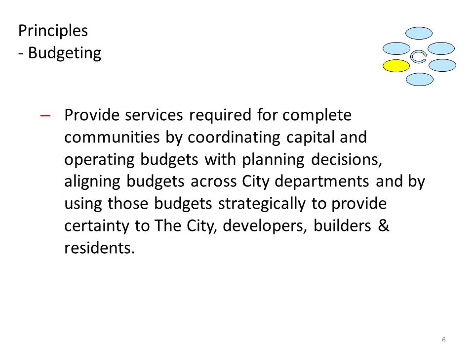Principles - Budgeting – Provide services required for complete communities by coordinating capital and operating budgets with planning decisions, aligning budgets across City departments and by using those budgets strategically to provide certainty to The City, developers, builders & residents.