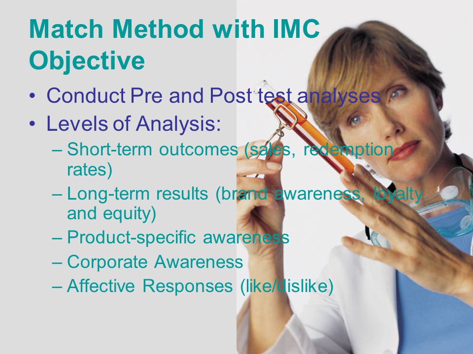Match Method with IMC Objective Conduct Pre and Post test analyses Levels of Analysis: –Short-term outcomes (sales, redemption rates) –Long-term results (brand awareness, loyalty and equity) –Product-specific awareness –Corporate Awareness –Affective Responses (like/dislike)