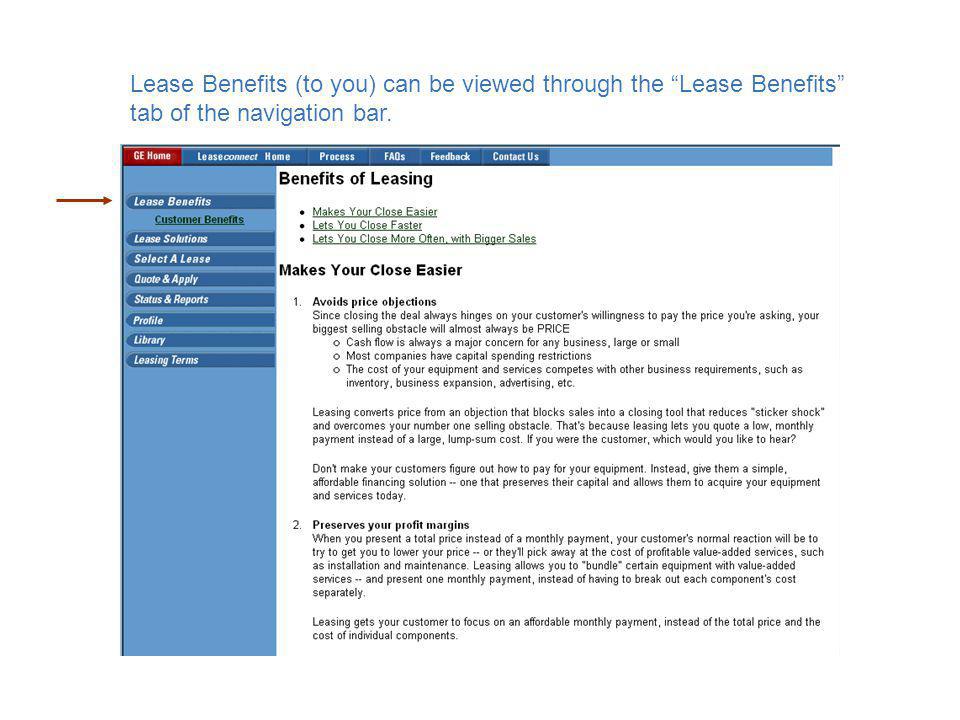Lease Benefits (to you) can be viewed through the Lease Benefits tab of the navigation bar.