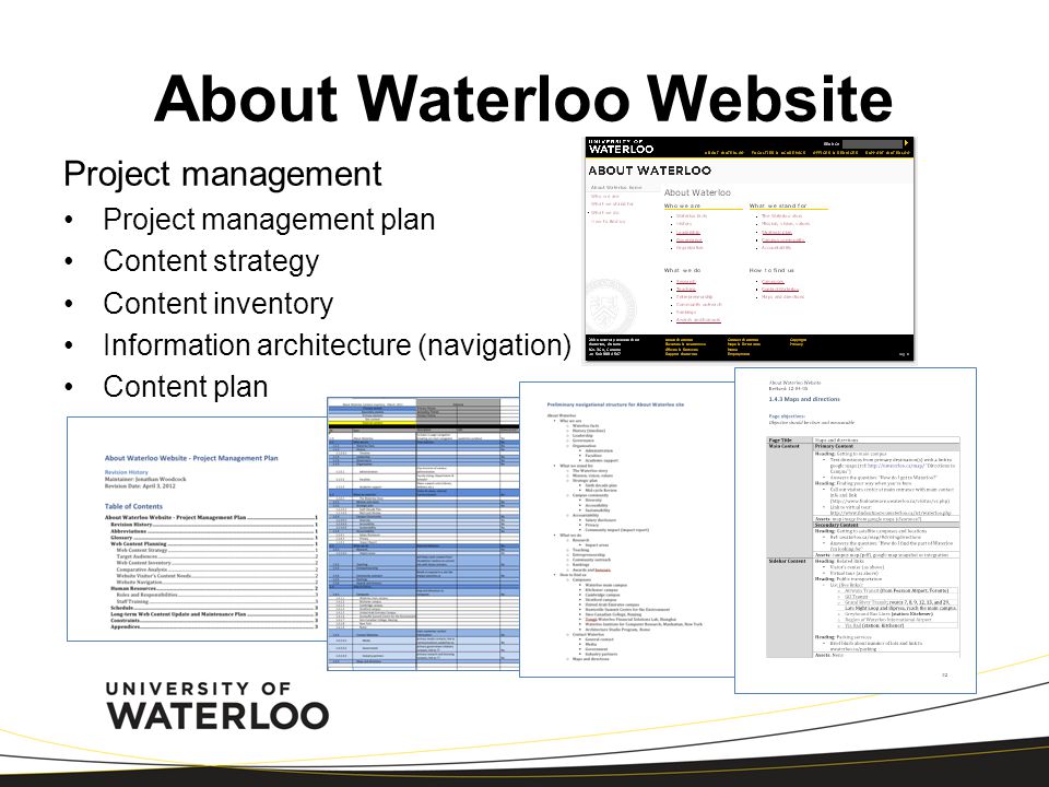 About Waterloo Website Project management Project management plan Content strategy Content inventory Information architecture (navigation) Content plan
