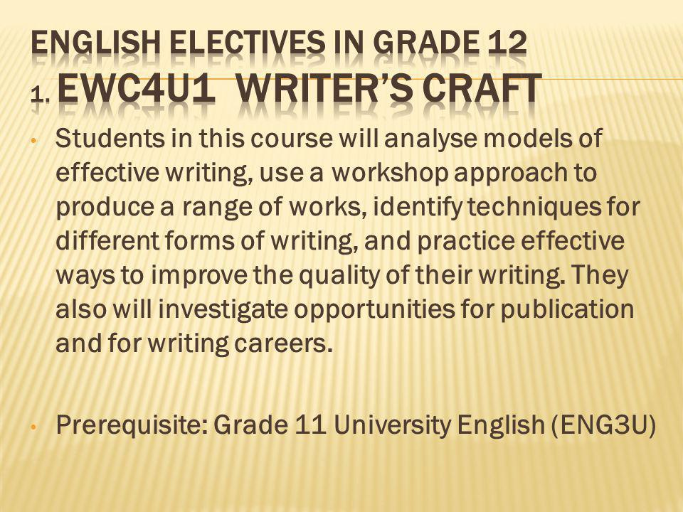 Students in this course will analyse models of effective writing, use a workshop approach to produce a range of works, identify techniques for different forms of writing, and practice effective ways to improve the quality of their writing.
