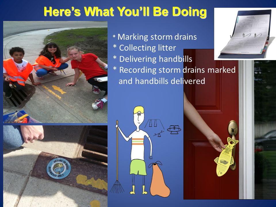 Here’s What You’ll Be Doing * Marking storm drains * Collecting litter * Delivering handbills * Recording storm drains marked and handbills delivered