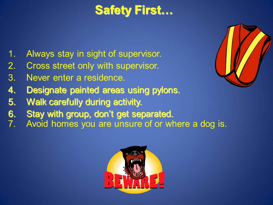 Safety First… Safety First… 1.Always stay in sight of supervisor.