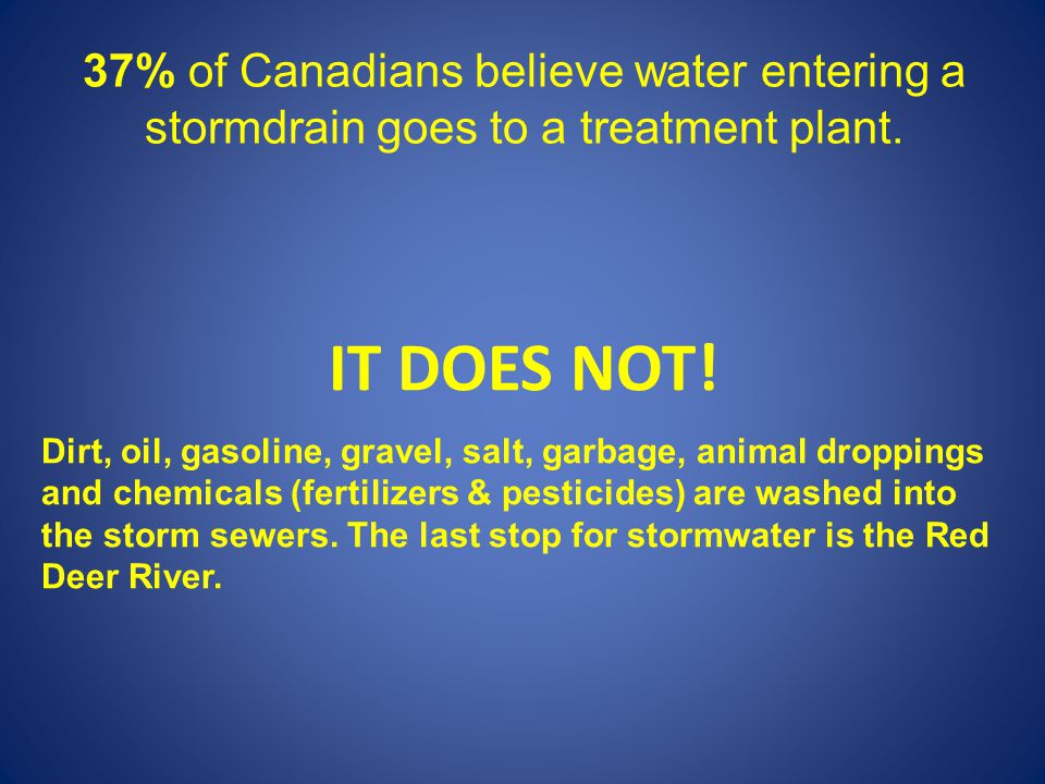37% of Canadians believe water entering a stormdrain goes to a treatment plant.