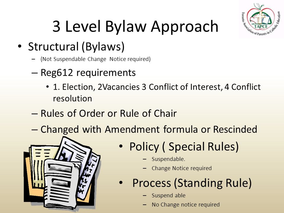 3 Level Bylaw Approach Structural (Bylaws) – (Not Suspendable Change Notice required) – Reg612 requirements 1.