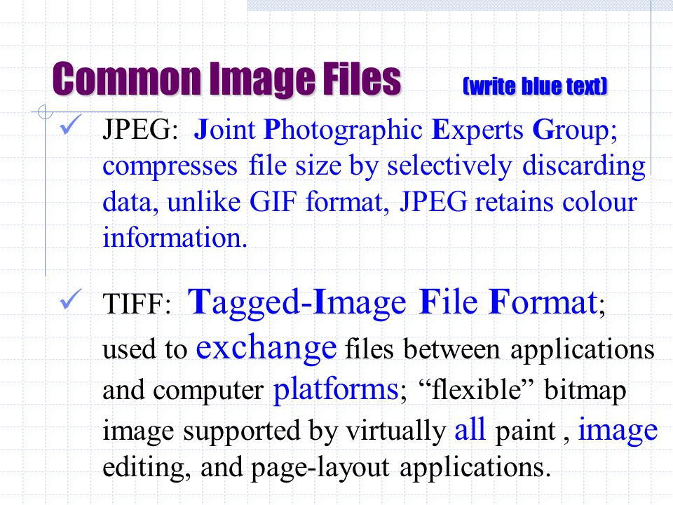 Common Image Files (write blue text) JPEG: Joint Photographic Experts Group; compresses file size by selectively discarding data, unlike GIF format, JPEG retains colour information.