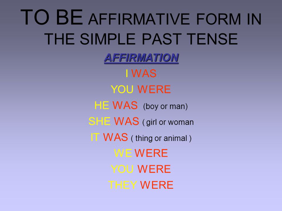 TO BE AFFIRMATIVE FORM IN THE SIMPLE PAST TENSE AFFIRMATION I WAS YOU WERE HE WAS (boy or man) SHE WAS ( girl or woman IT WAS ( thing or animal ) WE WERE YOU WERE THEY WERE